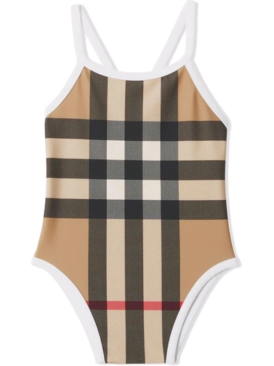 Burberry Biege Swimsuit For Baby Girl With Iconic Vintage Check In Beige