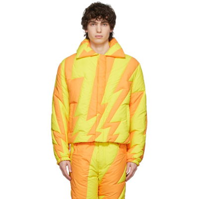 Erl Orange & Yellow Down Lightning Bolt Puffer Jacket In Yellow,orange