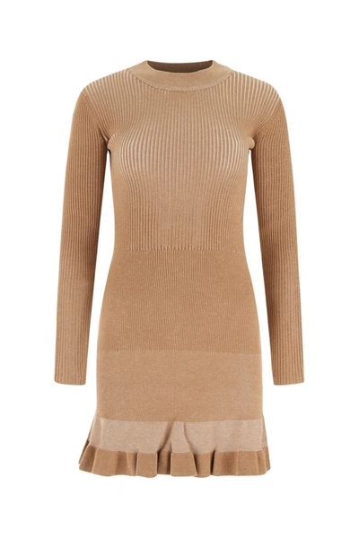 See By Chloé Ruffled Ribbed-knit Mini Dress In Light Brown