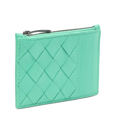 Bottega Veneta Teal Woven Zip Credit Card Holder In Green