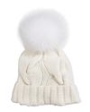 Loro Piana Cashmere Chunky Knit Beanie Hat W/ Fur Pompom In White