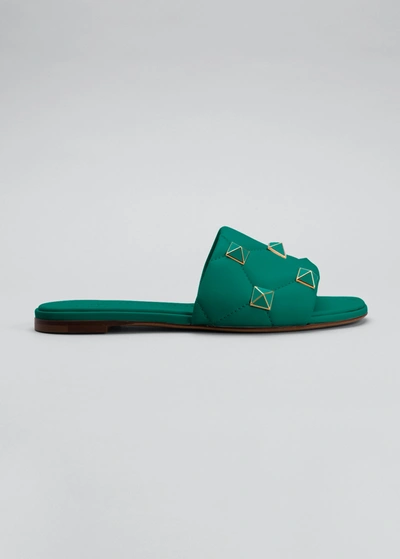 Valentino Roman Stud Enameled Flat Slide Sandals In Green