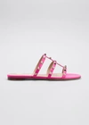 Valentino Rockstud Leather T-strap Flat Sandals In Pink
