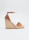 Valentino Rockstud Calfskin Wedge Espadrille Sandals In Saddle