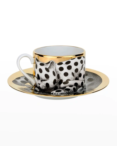 Fornasetti Tea Cup High Fidelity Pois Spotted Cat In White/black/gold