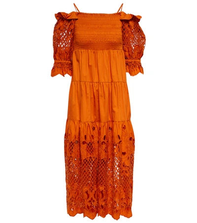 Self-portrait Broderie-anglaise Off-shoulder Midi Dress In Orange