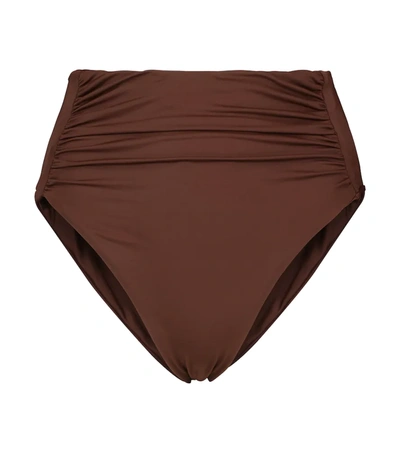 Self-portrait Ruched High-rise Stretch-recycled Polyamide Bikini Bottoms In Brown