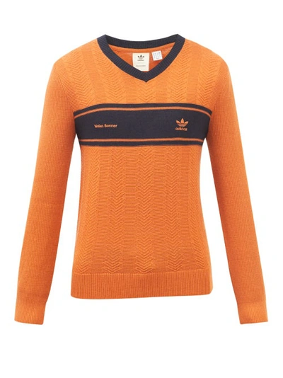 Adidas X Wales Bonner Logo-embroidered V-neck Wool-blend Sweater In Orange