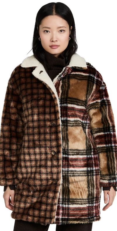 Something Navy Faux Fur Contrast Plaid Coat In Brown/camel