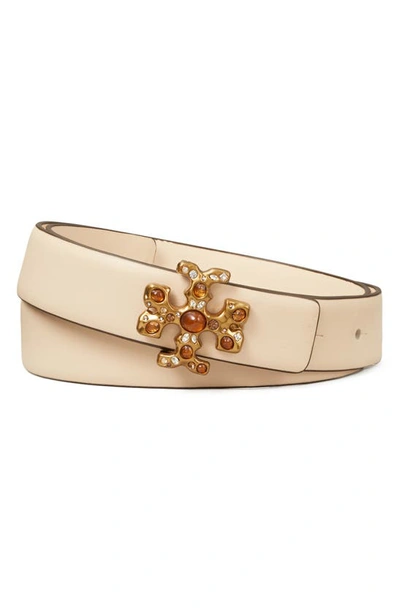 Tory Burch Kira Embellished Logo Belt In New Cream