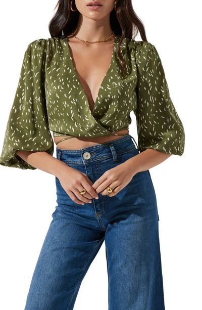 Astr Wrap Front Cutout Top In Green Flecks