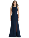 ALFRED SUNG DESSY COLLECTION JEWEL NECK BOWED OPEN-BACK TRUMPET DRESS WITH FRONT SLIT