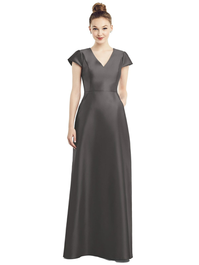 Alfred Sung Dessy Collection Cap Sleeve V-neck Satin Gown With Pockets In Grey