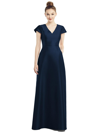 ALFRED SUNG DESSY COLLECTION CAP SLEEVE V-NECK SATIN GOWN WITH POCKETS