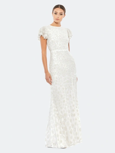 Mac Duggal Floral Embellished Flutter Sleeve Evening Gown In White
