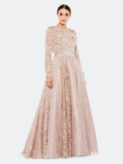 Mac Duggal Long Sleeve A-line Floral Applique Gown In Mocha
