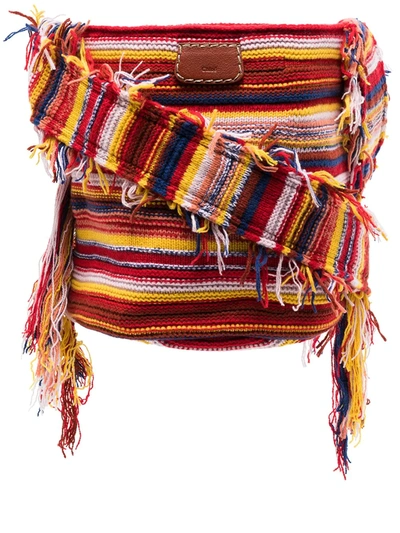 Chloé Jorge Small Striped Recycled-cashmere Bucket Bag In Red