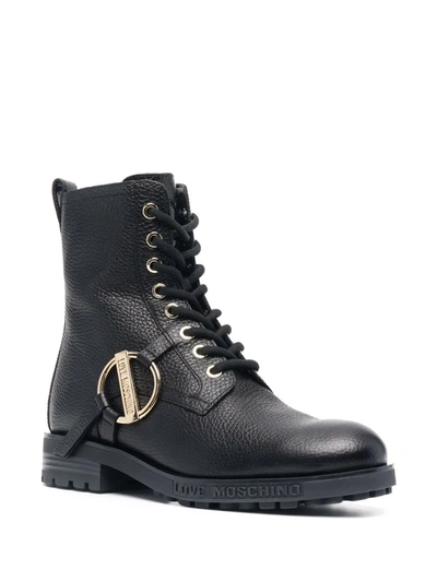 Love Moschino Black Leather Textured Gold-tone Buckle Boots