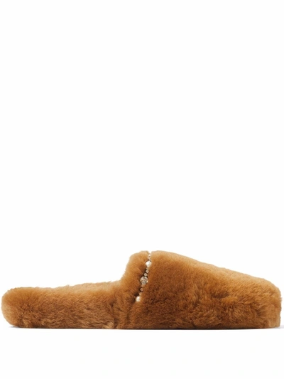 Jimmy Choo Alienate Flat Shearling Slippers In Braun