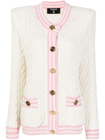 Balmain Shoulder-pad Cable Knit Cardigan In Ivory
