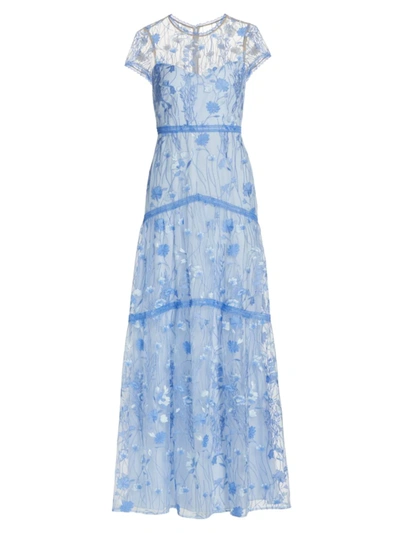 ml Monique Lhuillier Floral Embroidered Mesh Gown In Bluebell