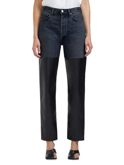 Agolde Women's Pierced 90's High-rise Leather Wide-leg Jeans In Howl Detox Recycle