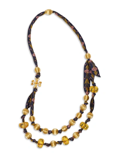 Tory Burch Roxanne Goldtone, Jacquard, Resin & Glass Beaded Ribbon Necklace