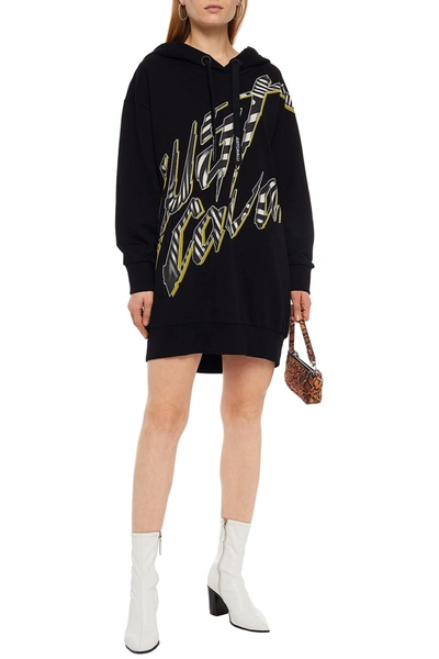 Just Cavalli Printed French Cotton-terry Hooded Mini Dress In Black