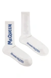 Alexander Mcqueen Graffiti Logo Crew Socks In White/sky Blue