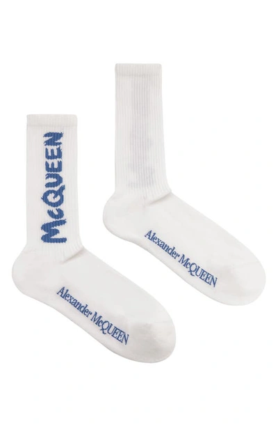 Alexander Mcqueen Graffiti Logo Crew Socks In White/sky Blue