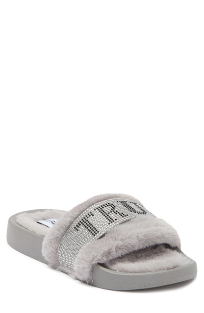True Religion Embellished Faux Fur Slide Sandal In Silver O