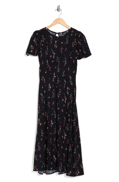 Afrm Jamie Print Open Back Short Sleeve Dress In Noir Rose Garden