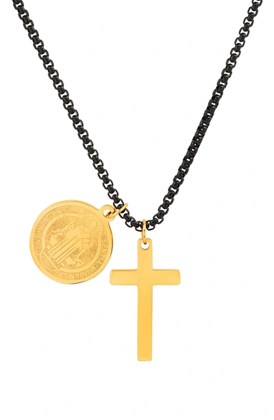 Hmy Jewelry 18k Gold Plated Stainless Steel Prayer Charm Pendant Necklace In Black/ Yellow