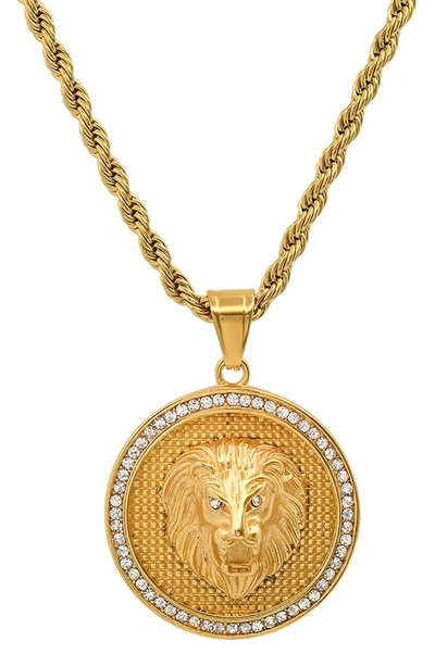 Hmy Jewelry 18k Gold Plated Stainless Steel Round Lion Simulated Diamond Necklace In Yellow