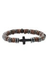 Hmy Jewelry Hematite Wood Bead Cross Bracelet In Gray/ Brown/ Black