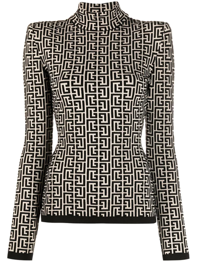 Balmain Jacquard-knit Turtleneck Sweater In Ivory Noir