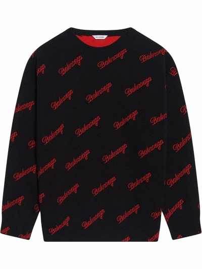 Balenciaga Logo Wool Blend Knit Sweater In Black,red