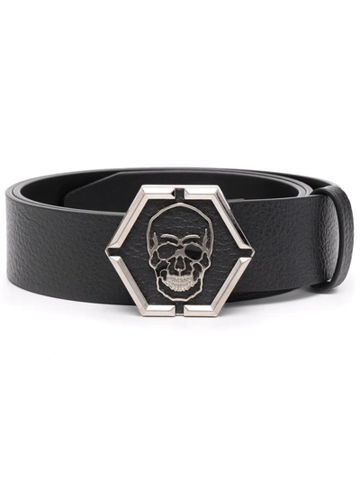 Philipp Plein Skull Buckle Leather Belt In Black
