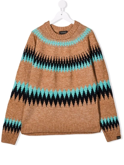Scotch & Soda Kids' Geometric-pattern Ribbed-trim Jumper In Brown