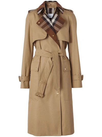 Burberry Check Panel Cotton Gabardine Trench Coat In Beige