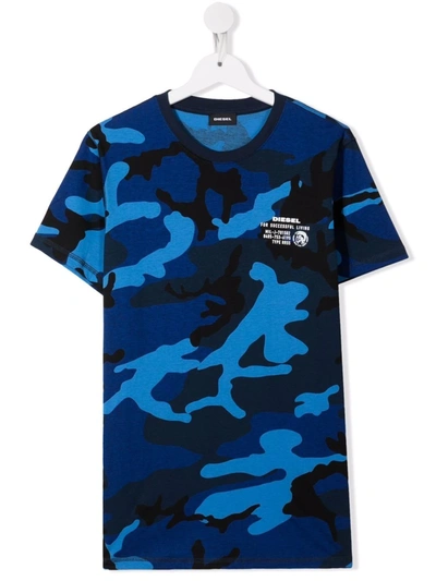 Diesel Teen Camouflage-print T-shirt In Blue