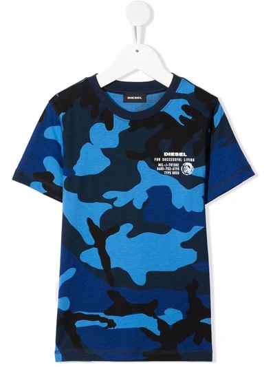 Diesel Kids' Camouflage Logo-print T-shirt In Blue