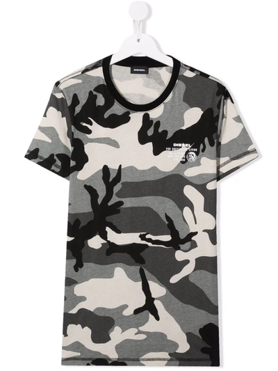 Diesel Kids' Camouflage Print Cotton Jersey T-shirt In Grey,black