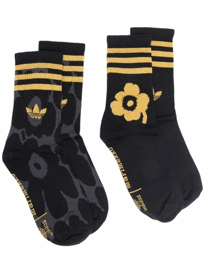 Adidas Originals Floral Print Logo Socks In Black