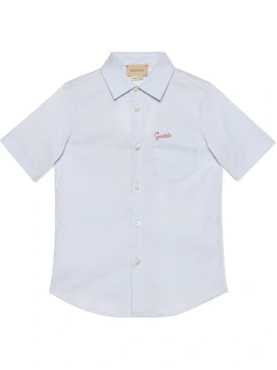 Gucci Kids' Logo Embroidered Short-sleeve Shirt In Blue