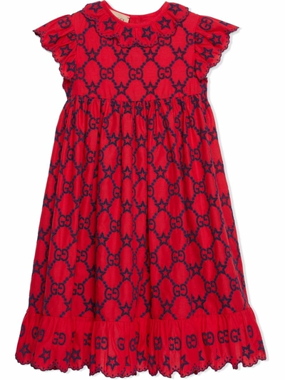 Gucci Kids' Gg And Stars Embroidered Dress In Red