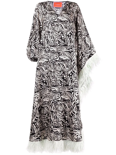 La Doublej Opera Feather-trimmed Fauve-print Silk Maxi Dress