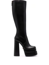 Versace Square Toe Block Heeled Boots In Schwarz