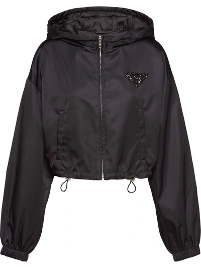 Prada Triangle-logo Patch Cropped Re-nylon Hooded Jacket In Black