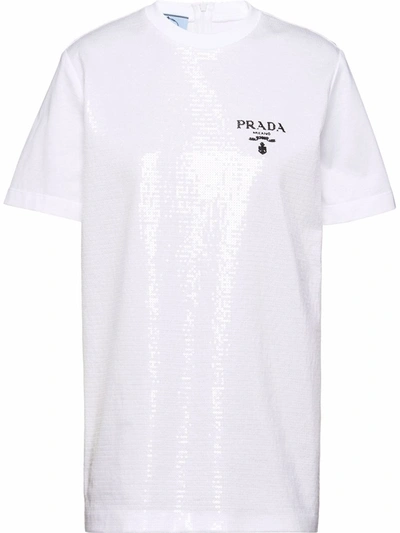 Prada Logo-embroidered Sequin Short-sleeve T-shirt In White